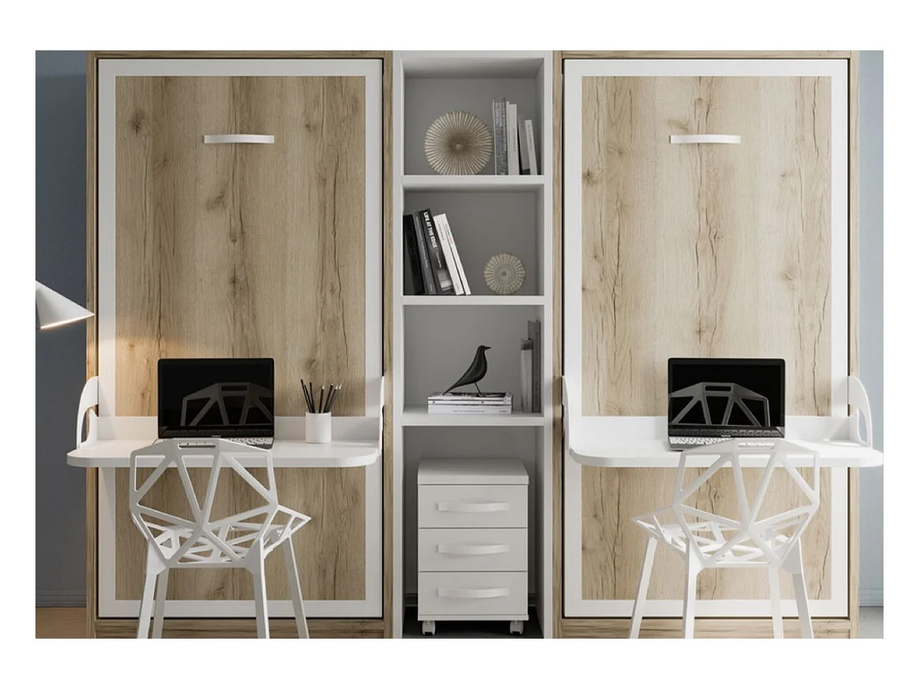 2 camas retráctiles de 90x190 con escritorio y estantería central Studante-Frente Roble blanco