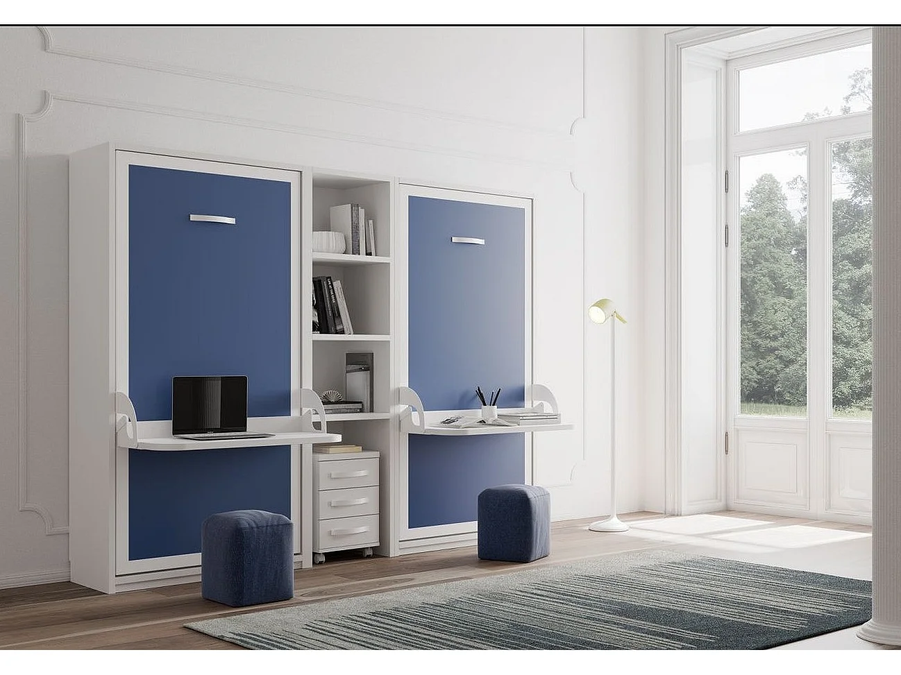 2 lits escamotables 90x190 avec bureau et étagère centrale STUDANTE-Façade Chêne blanc