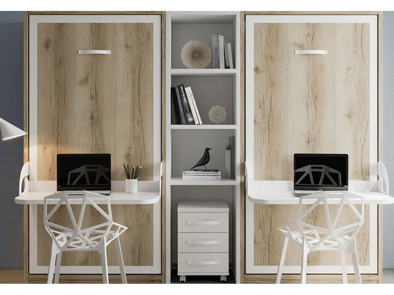 2 lits escamotables 90x190 avec bureau et étagère centrale STUDANTE-Façade Chêne blanc