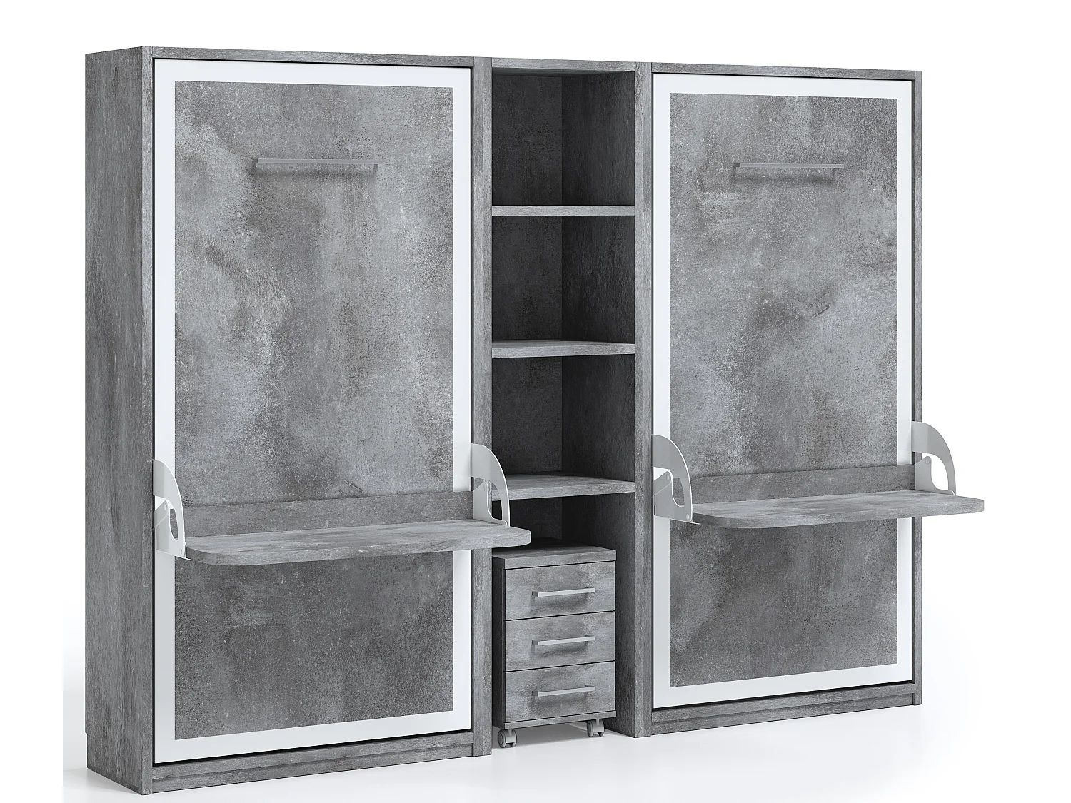 2 lits escamotables 90x190 avec bureau et étagère centrale STUDANTE-Façade Chêne blanc