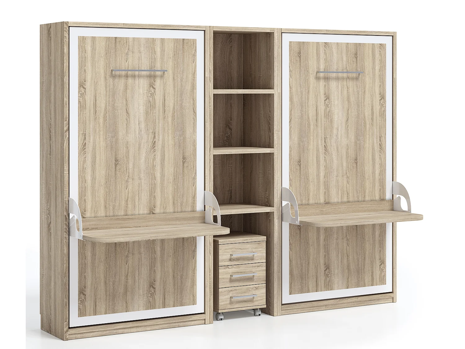 2 lits escamotables 90x190 avec bureau et étagère centrale STUDANTE-Façade Chêne blanc