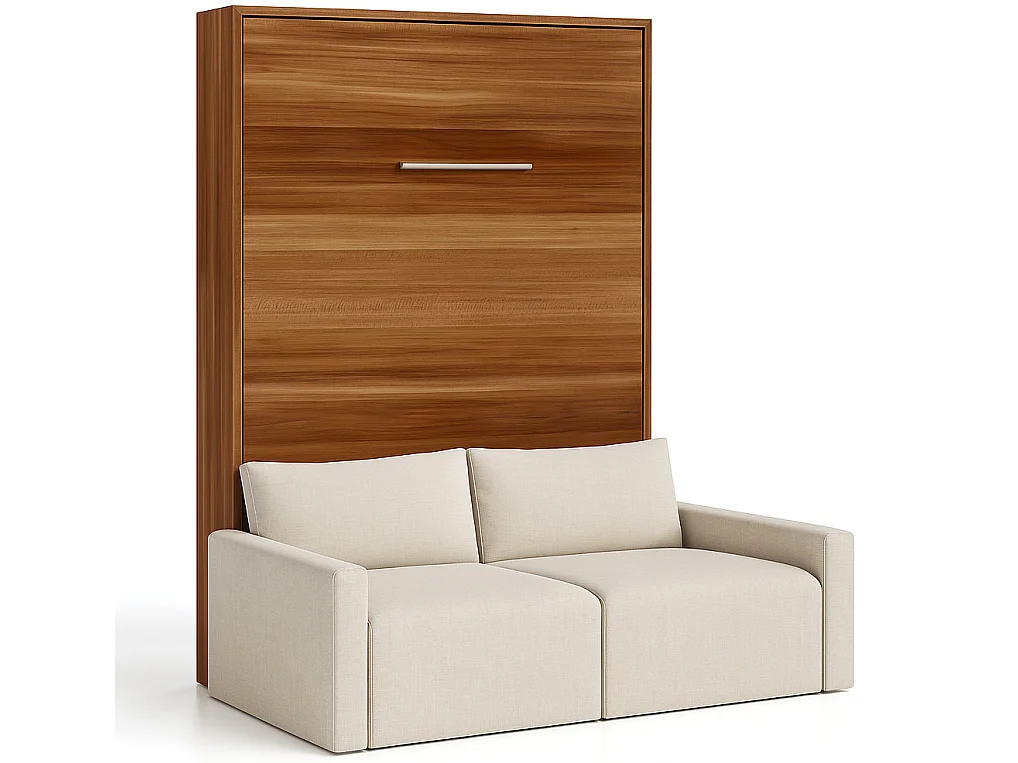Verticaal opklapbed met hoogwaardige Valencia bank-Matras van schuimrubber van 18 cm-Slapen 80x180cm-Bank Beige-Structuur en gevel Okkernoot