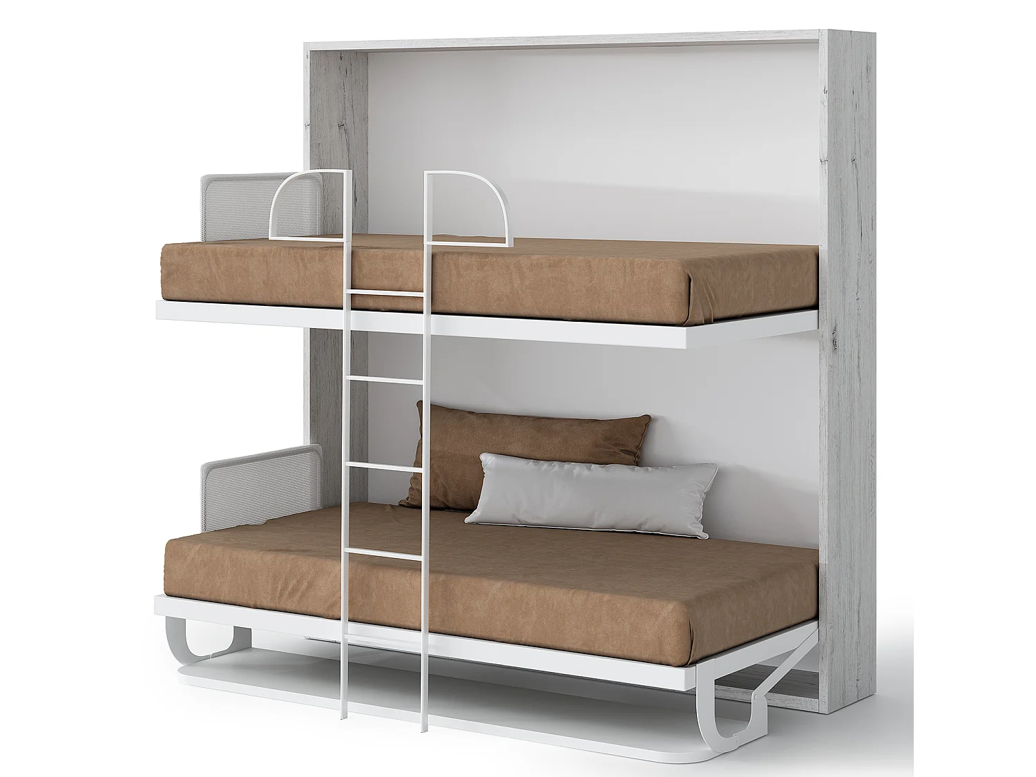 Lit escamotable horizontal superposé 90x200 STUDIO-2 matelas-Cadre Blanc-Façade Chêne brun