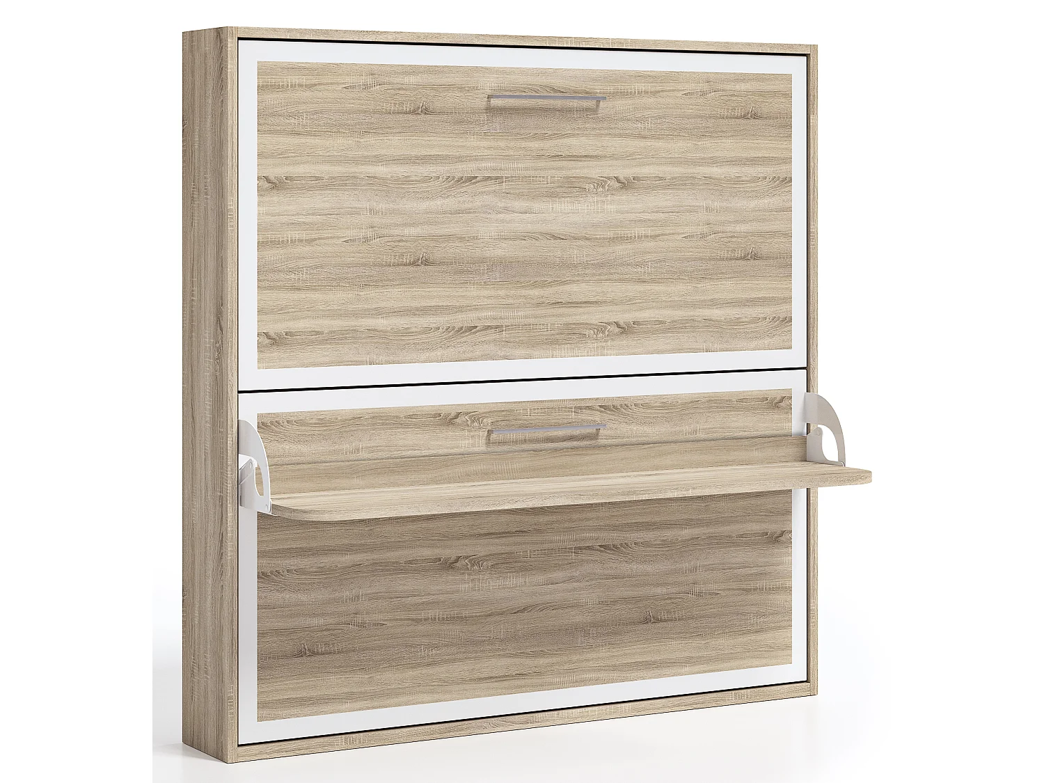Lit escamotable horizontal superposé 90x200 STUDIO-2 matelas-Cadre Blanc-Façade Chêne brun