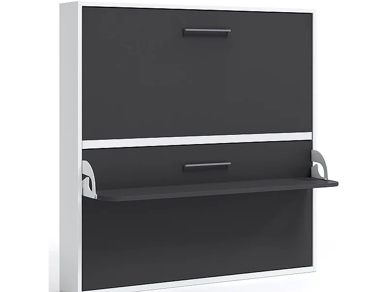 Lit escamotable horizontal superposé 90x180 STUDIO-2 matelas-Encadrement Blanc-Façade Anthracite