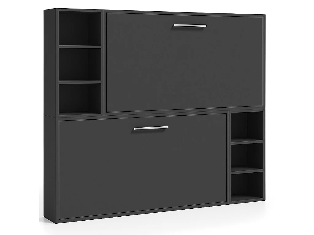 Lit escamotable superposé horizontal avec étagères BINKA-90x190-Cadre Anthracite-Façade Anthracite