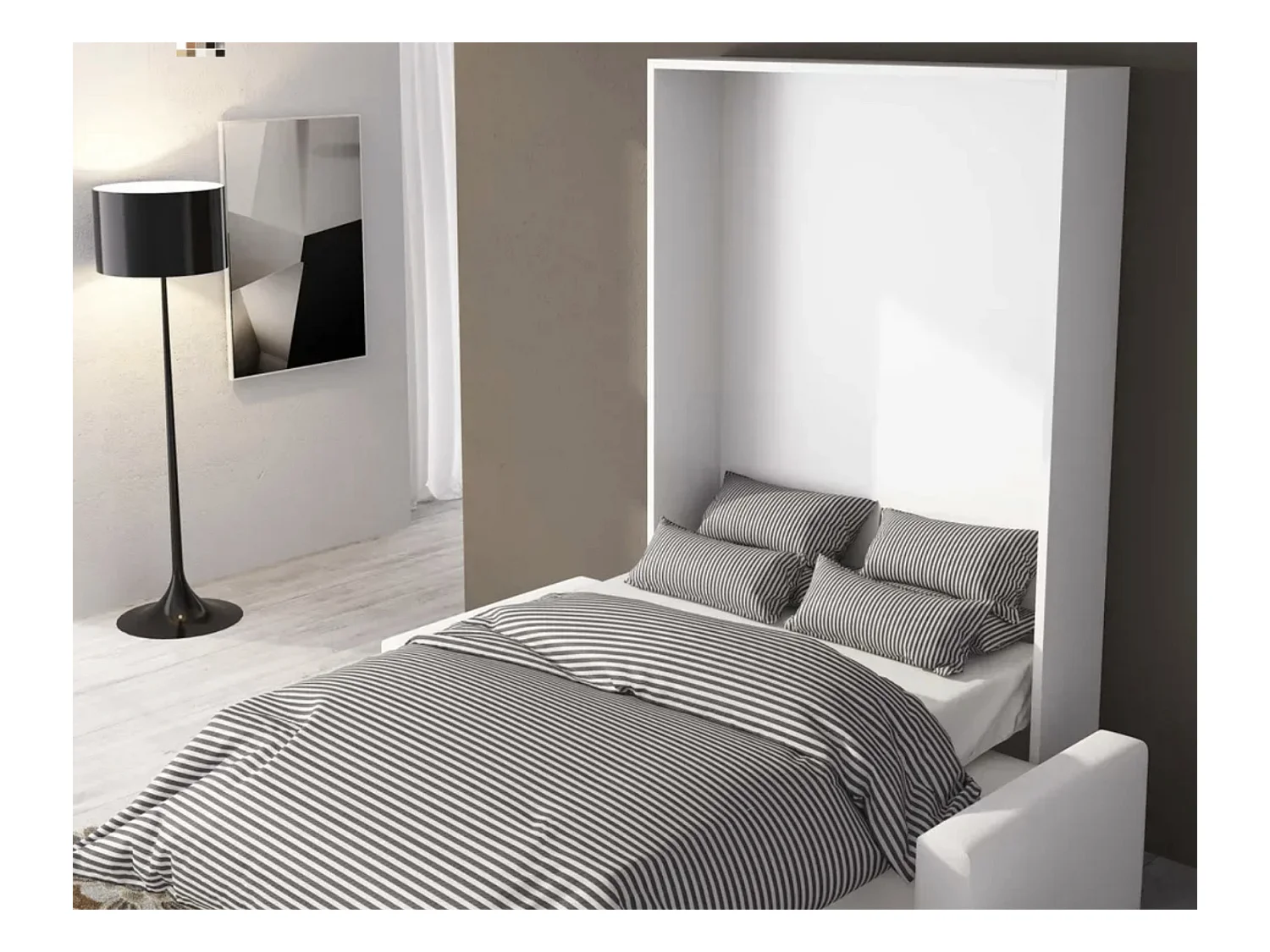 Cama vertical Valencia con sofá y cajones Gama alta-Ropa de cama 160x200 cm-Sofá Gris oscuro-Estructura y fachada Nogal