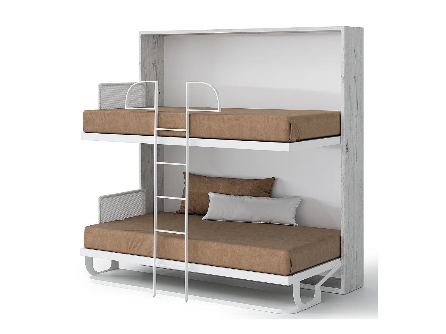 Lit escamotable horizontal superposé 90x200 STUDIO-2 matelas-Encadrement Blanc-Façade Chêne clair