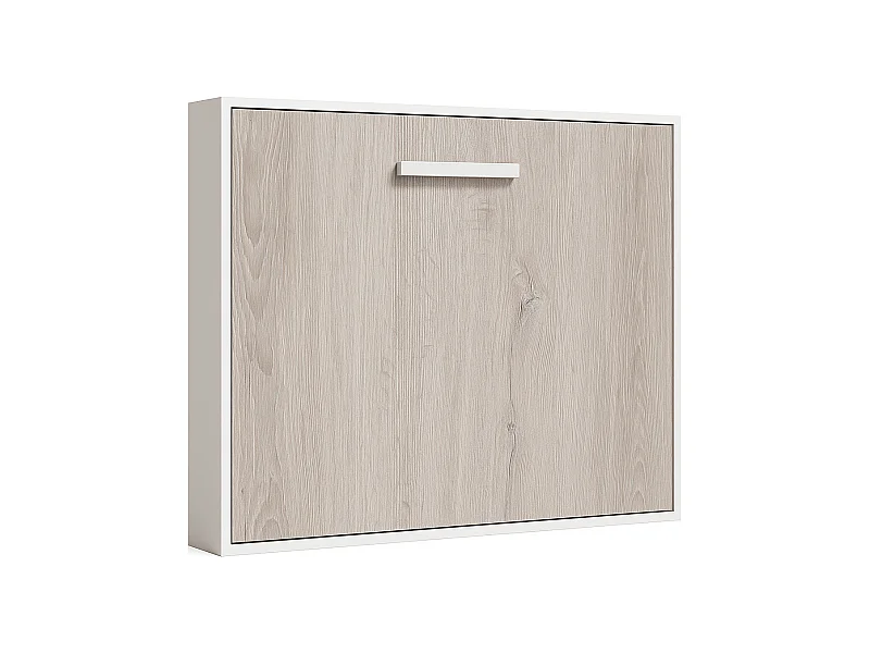 Lit escamotable horizontal OPTIMA-Avec matelas-90x180-Cadre Blanc-Façade Chêne gris