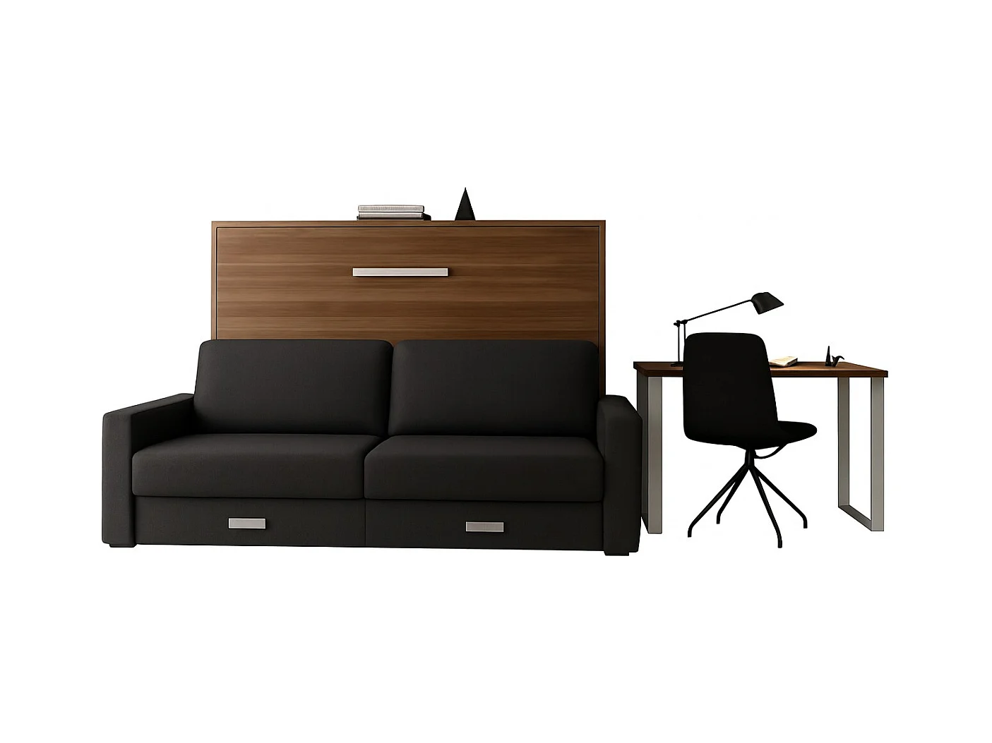 Lit escamotable horizontal avec canapé VETAL-140x200-Canapé Gris foncé-Structure Noyer