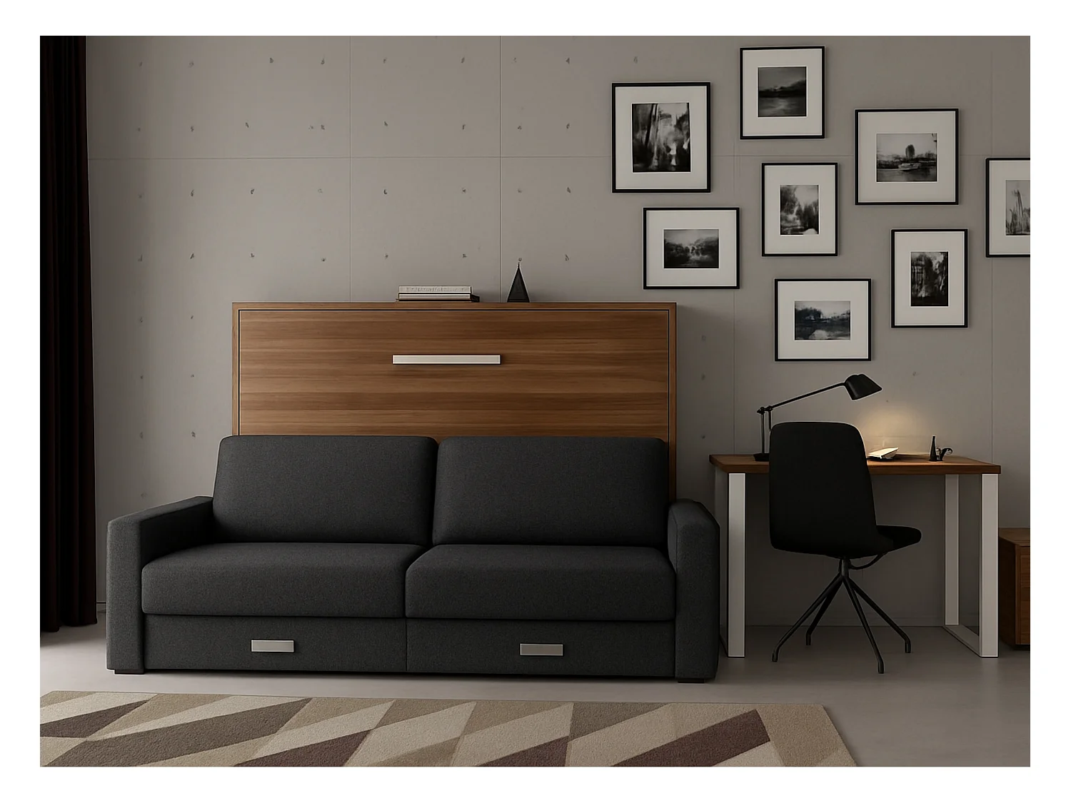 Lit escamotable horizontal avec canapé VETAL-140x200-Canapé Gris foncé-Structure Noyer