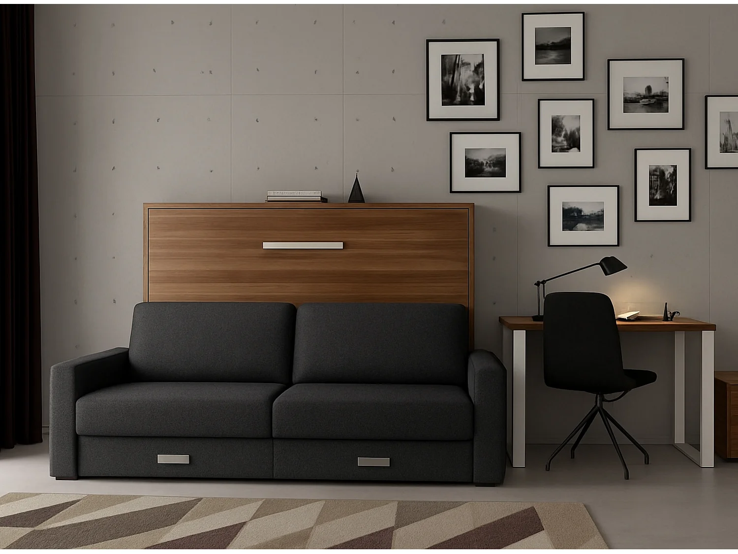 Lit escamotable horizontal avec canapé VETAL-140x200-Canapé Gris foncé-Structure Noyer