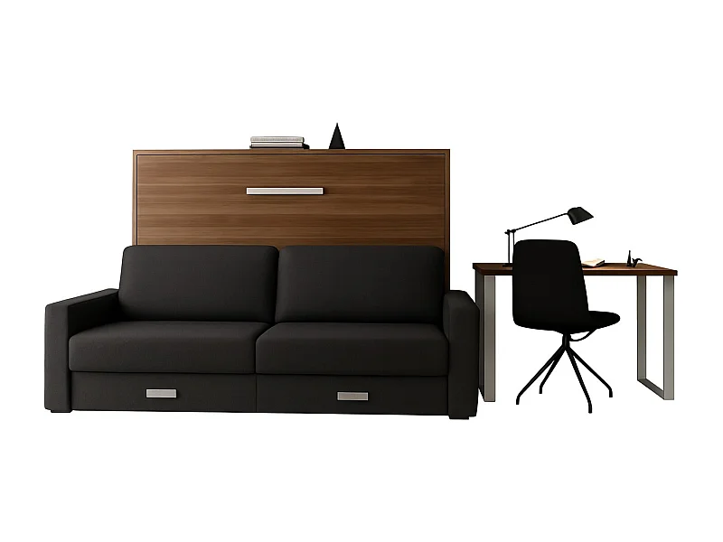 Lit escamotable horizontal avec canapé VETAL-140x200-Canapé Gris foncé-Structure Noyer