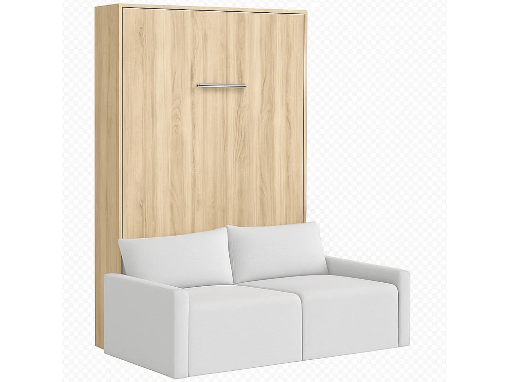 Lit escamotable vertical avec canapé tissu VALENCIA-90x190-Canapé Gris clair-Structure Chêne clair