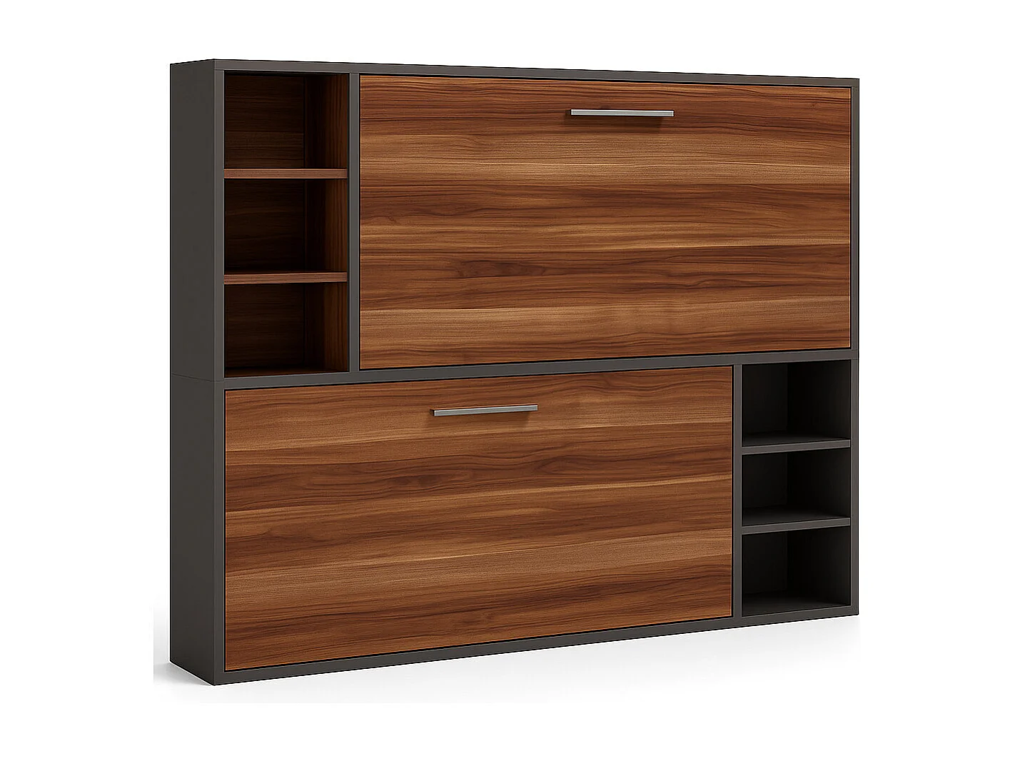 Lit escamotable superposé horizontal avec étagères BINKA-80x190-Cadre Anthracite-Façade Noyer