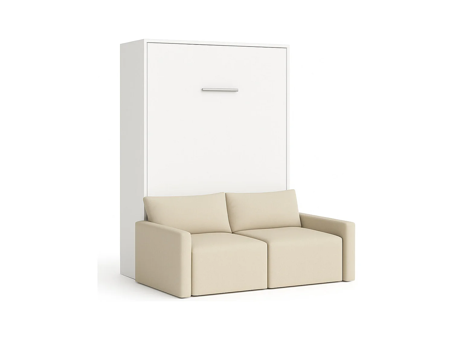 Lit escamotable vertical avec canapé tissu VALENCIA-Avec matelas-140x190-Canapé Beige-Structure Blanche