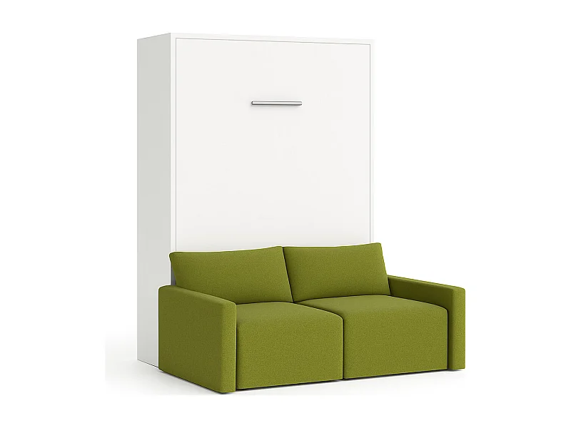 Lit escamotable vertical avec canapé tissu VALENCIA-Avec matelas-160x200-Canapé Vert pistache-Structure Blanche