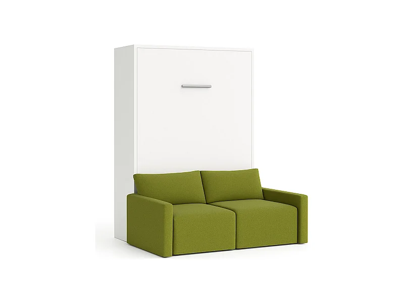 Lit escamotable vertical avec canapé tissu VALENCIA-Avec matelas-140x190-Canapé Vert pistache-Structure Blanche