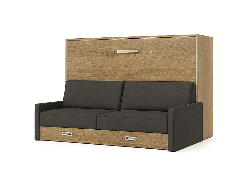 Cama abatible horizontal con sofá Veta-Ropa de cama 140x190 cm-Sofá Gris oscuro-Estructura y fachada Roble claro