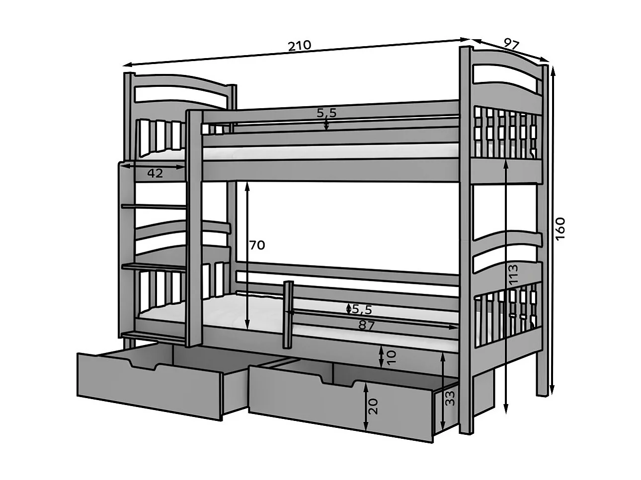 Lit superposé 2 places MADRA– 2 tiroirs de rangement et 2 sommiers-Beige-80x180
