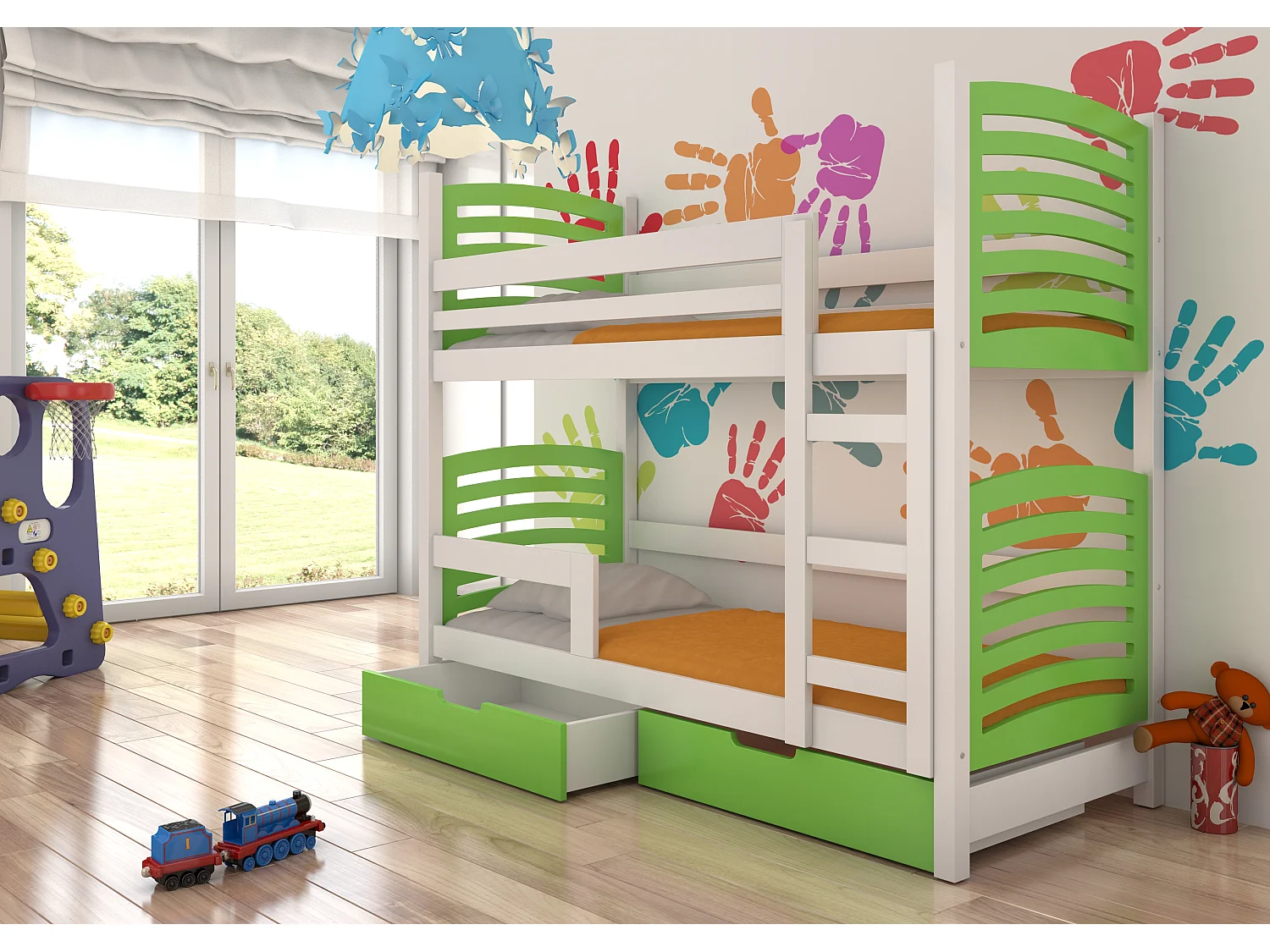 Lit superposé 2 places 80x190 OZURA – Avec matelas et tiroirs de rangement-Vert