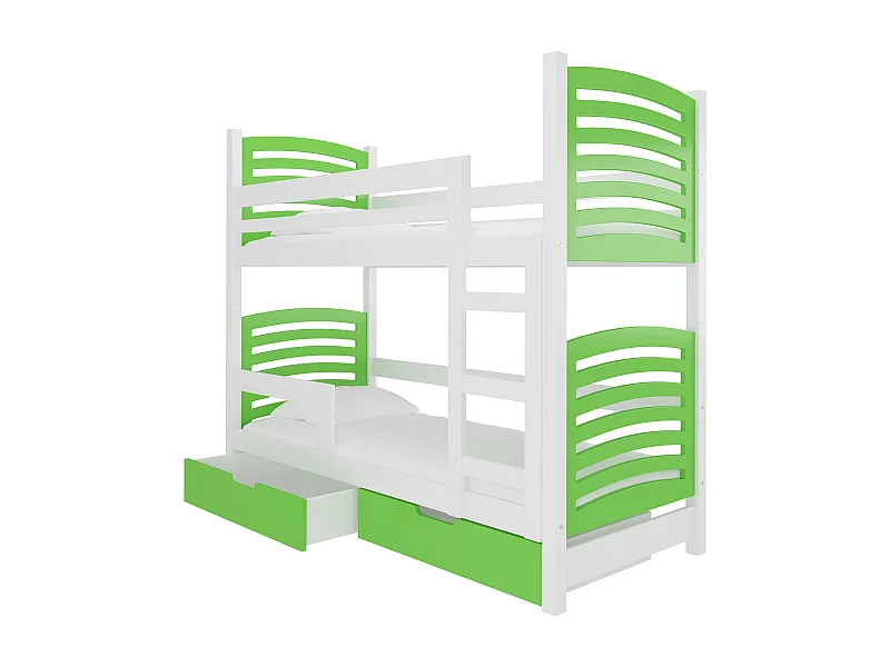 Lit superposé 2 places 80x190 OZURA – Avec matelas et tiroirs de rangement-Vert
