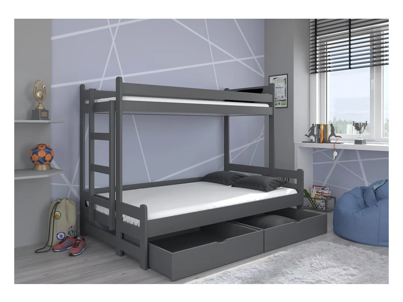 Lit superposé 2 couchages ADOVA 80-90x200 et 120x200 - Avec 2 tiroirs et 2 sommiers-Gris-90x200 et 120x200