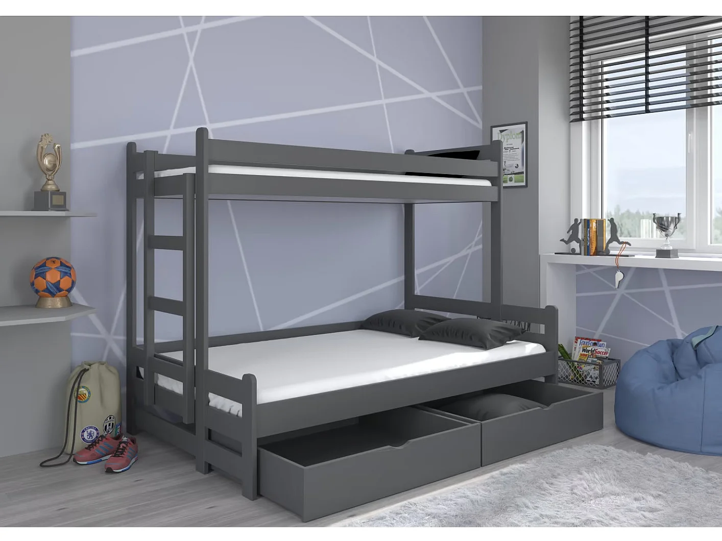 Lit superposé 2 couchages ADOVA 80-90x200 et 120x200 - Avec 2 tiroirs et 2 sommiers-Gris-90x200 et 120x200