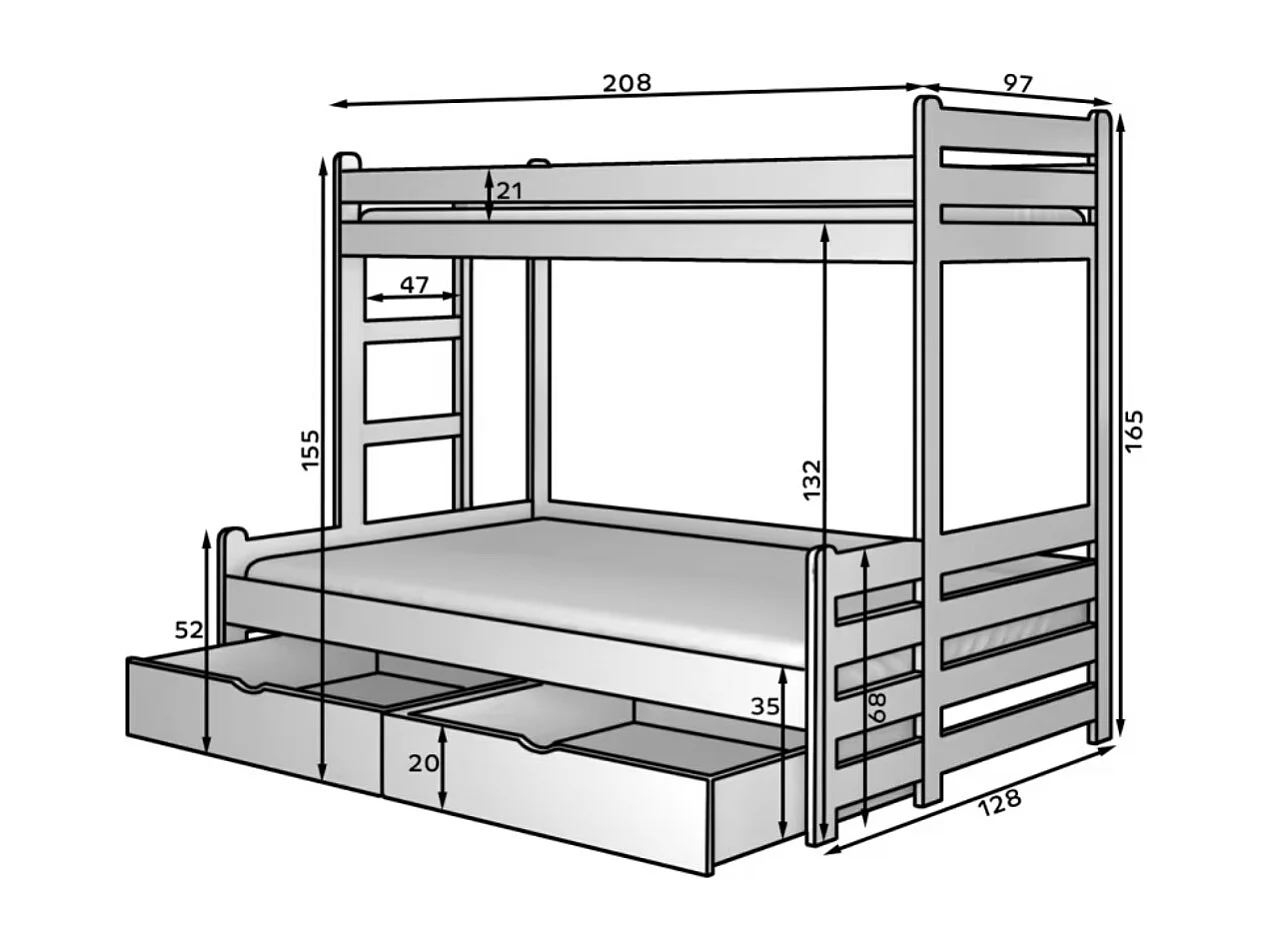 Lit superposé 2 couchages ADOVA 80-90x200 et 120x200 - Avec 2 tiroirs et 2 sommiers-Gris-90x200 et 120x200
