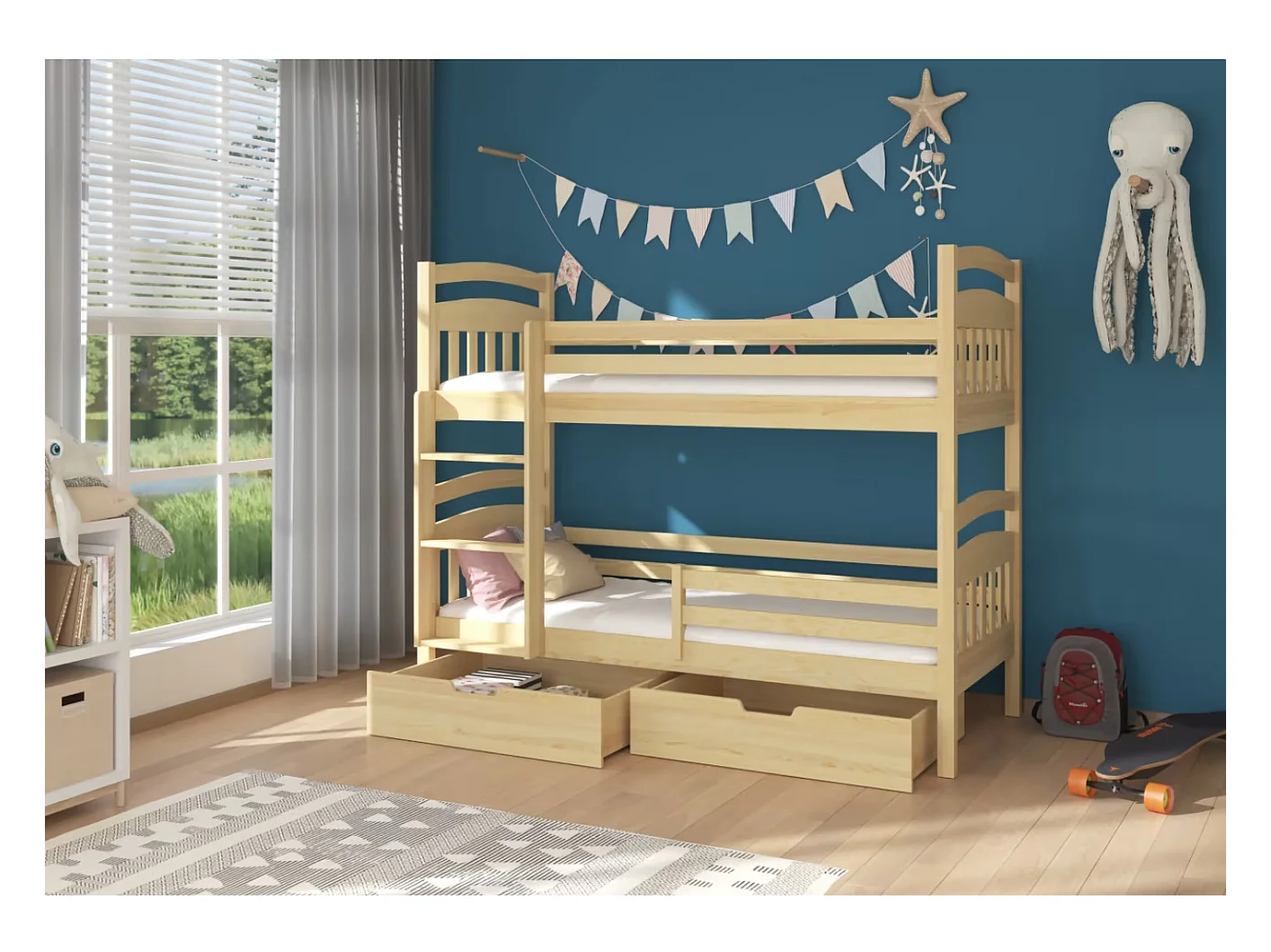 Lit superposé 2 places MADRA– 2 tiroirs de rangement et 2 sommiers-Beige-90x200