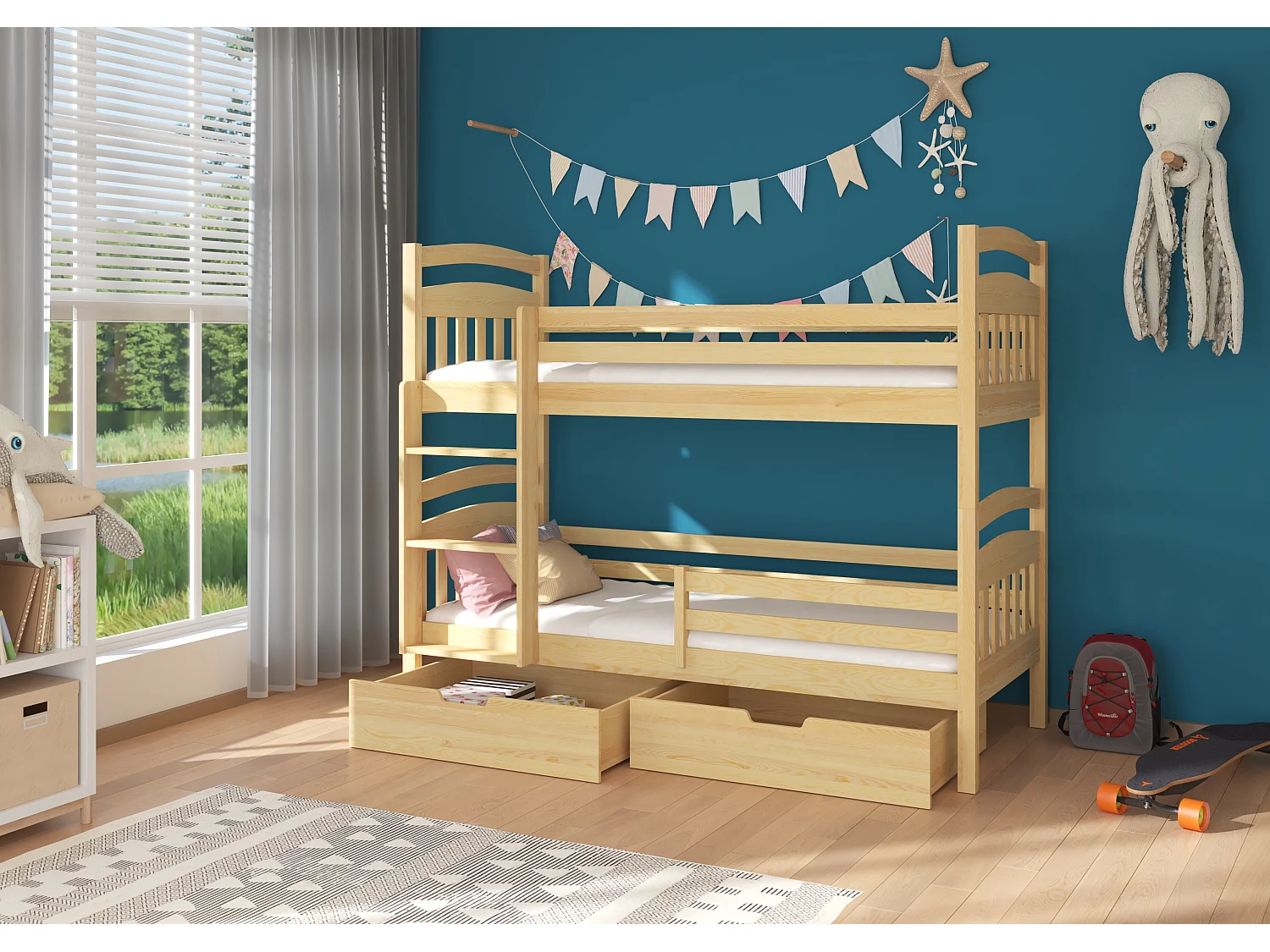 Lit superposé 2 places MADRA– 2 tiroirs de rangement et 2 sommiers-Beige-90x200