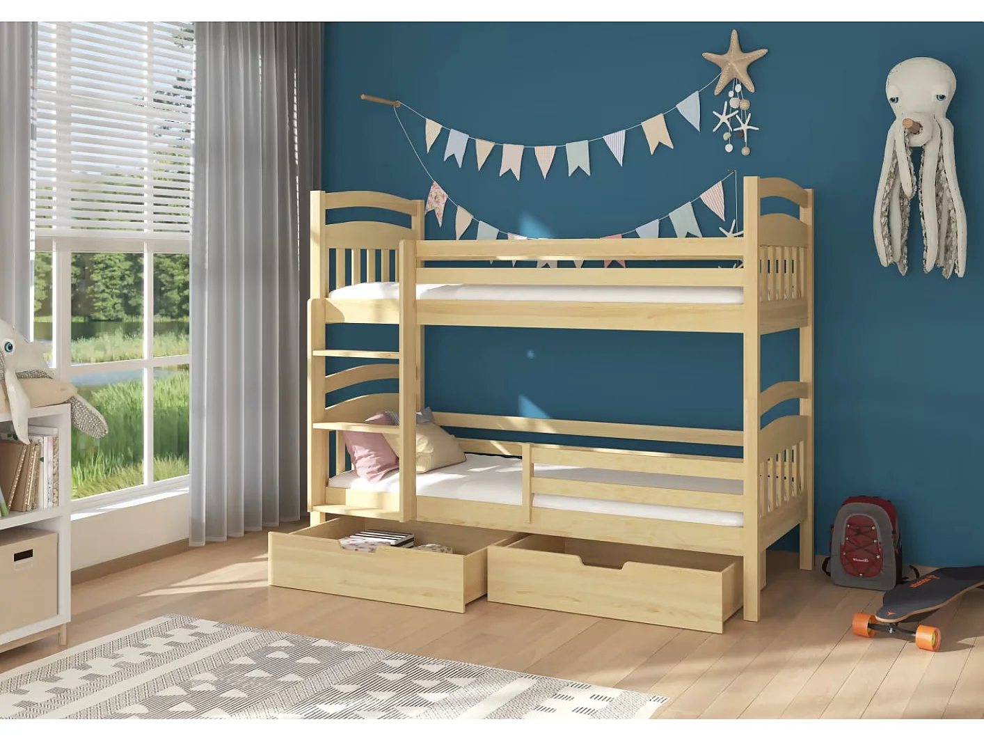 Lit superposé 2 places MADRA– 2 tiroirs de rangement et 2 sommiers-Beige-90x200