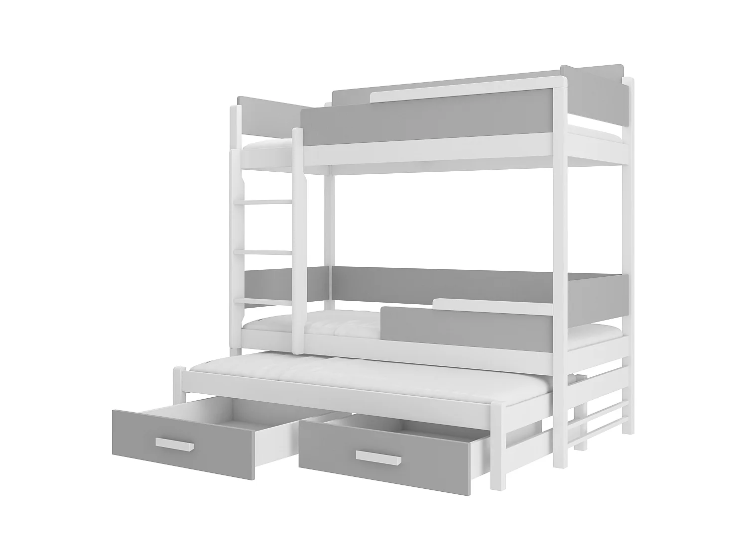 Lit superposé 3 places 90x200 KINZEY - 2 tiroirs de rangement et 3 sommiers-Gris clair