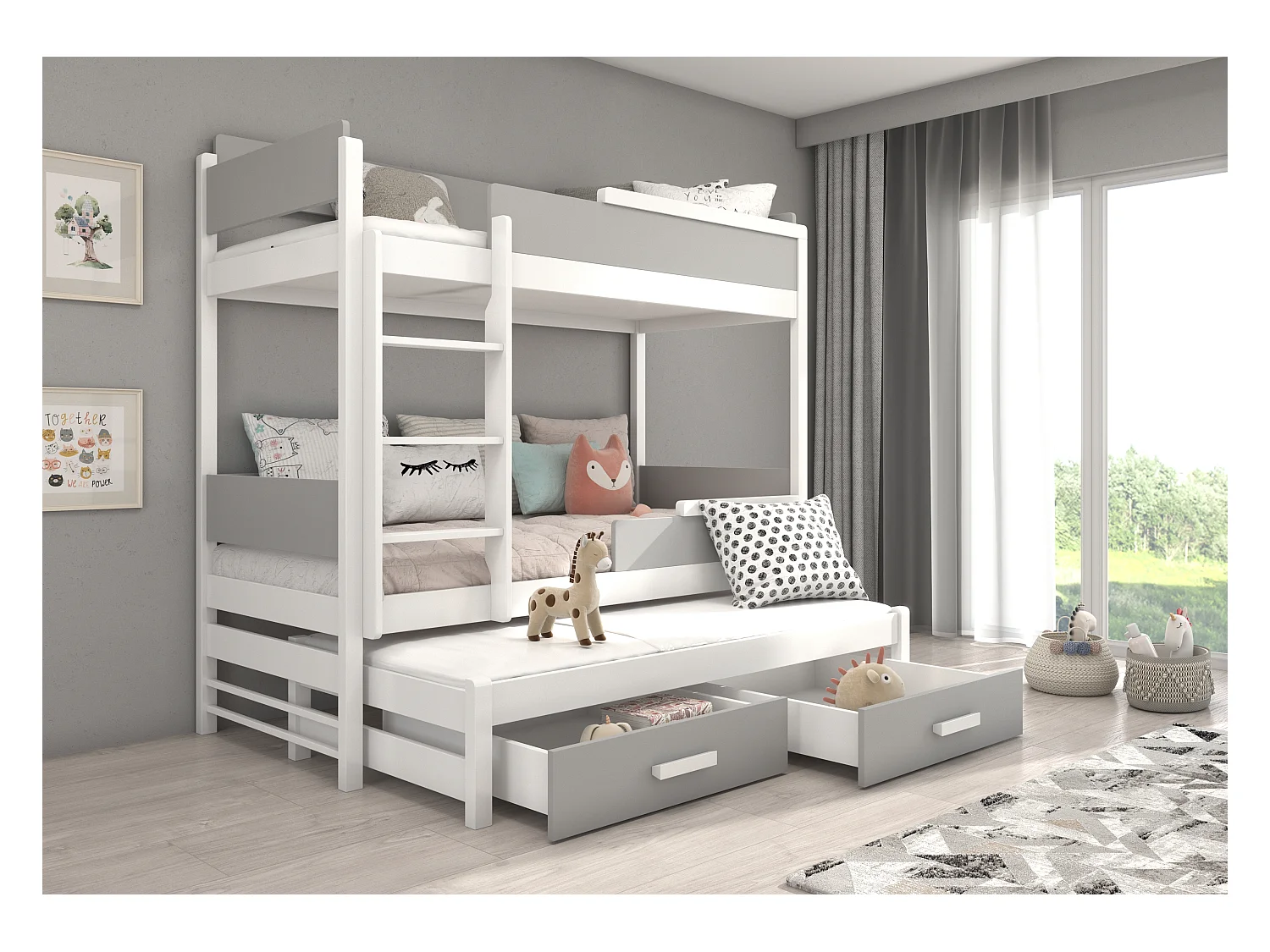 Lit superposé 3 places 90x200 KINZEY - 2 tiroirs de rangement et 3 sommiers-Gris clair