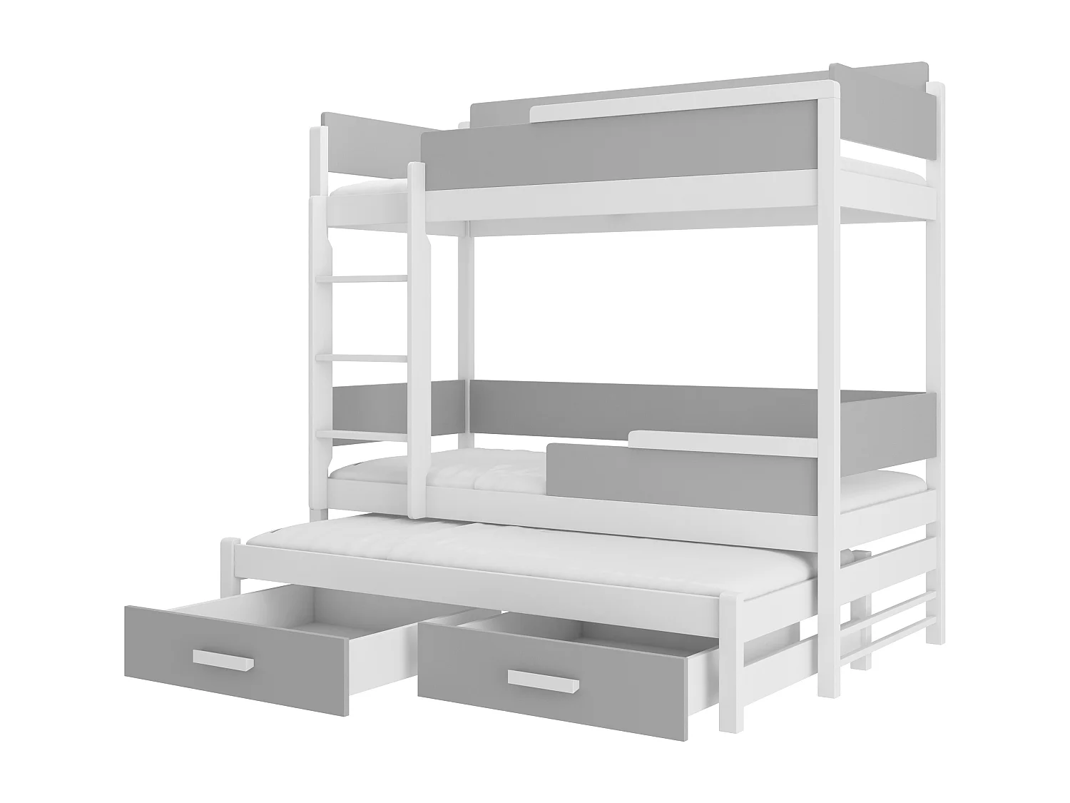 Lit superposé 3 places 90x200 KINZEY - 2 tiroirs de rangement et 3 sommiers-Gris clair