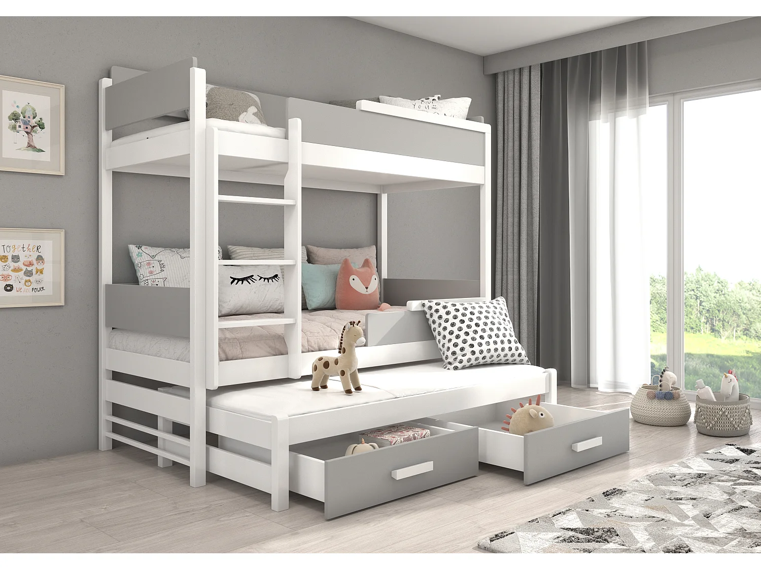 Lit superposé 3 places 90x200 KINZEY - 2 tiroirs de rangement et 3 sommiers-Gris clair