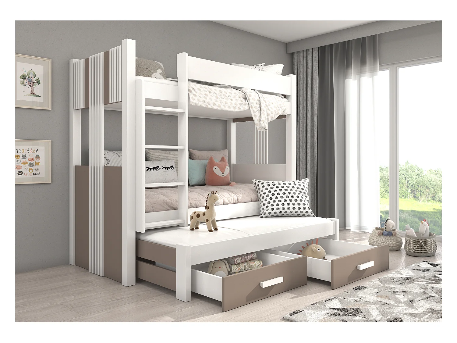 Lit superposé 3 places 90x200 ARKO - 2 tiroirs de rangement et 3 sommiers-Gris foncé