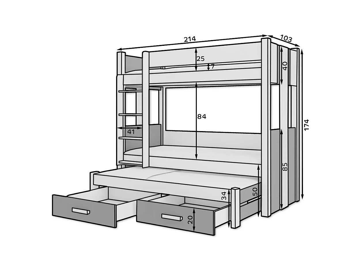 Lit superposé 3 places 90x200 ARKO - 2 tiroirs de rangement et 3 sommiers-Gris foncé