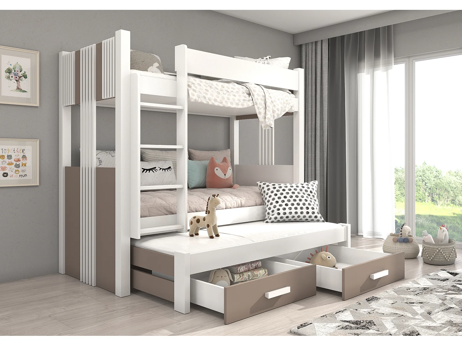 Lit superposé 3 places 90x200 ARKO - 2 tiroirs de rangement et 3 sommiers-Gris foncé