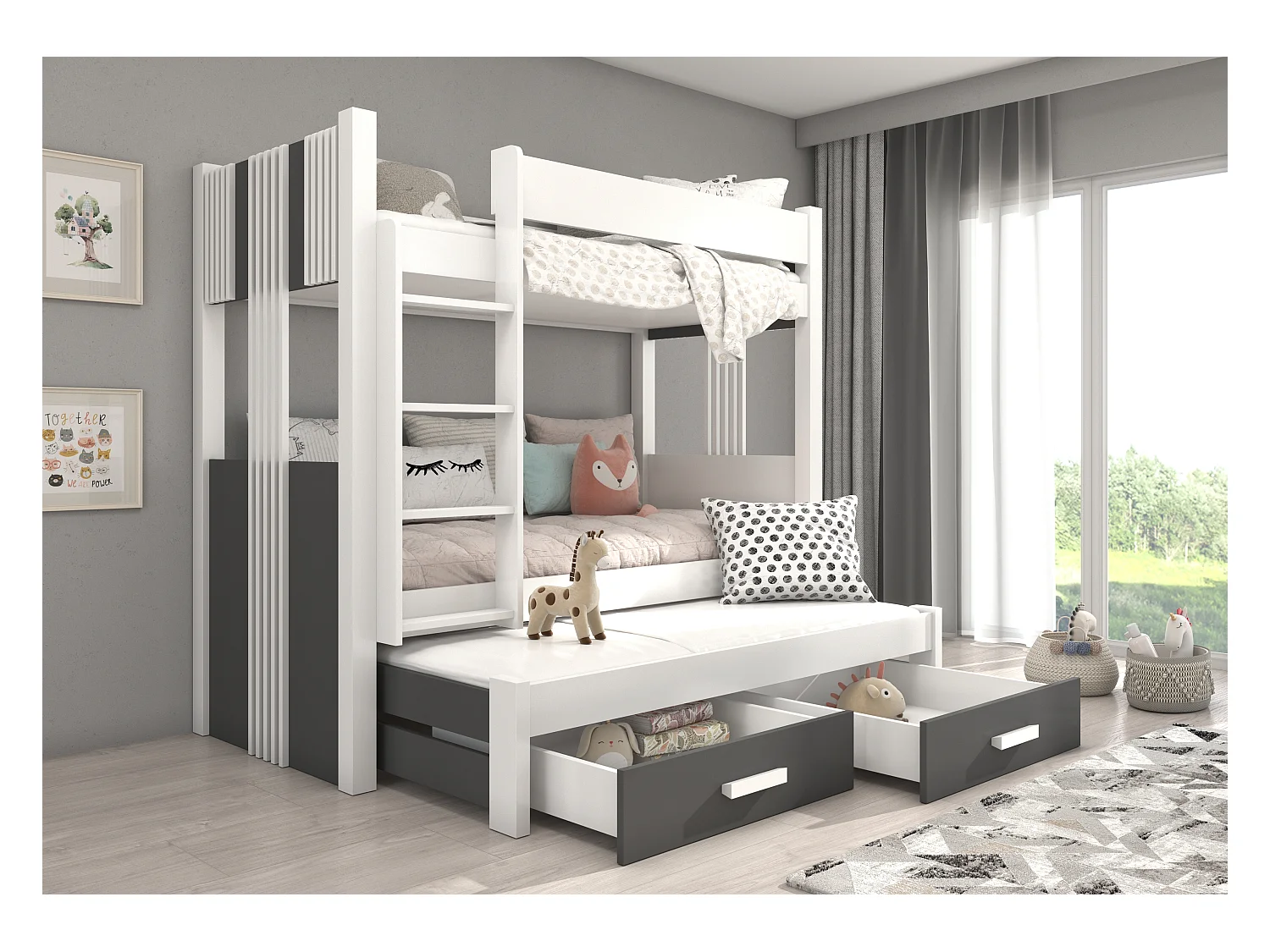 Lit superposé 3 places 90x200 ARKO - 2 tiroirs de rangement et 3 sommiers-Gris anthracite