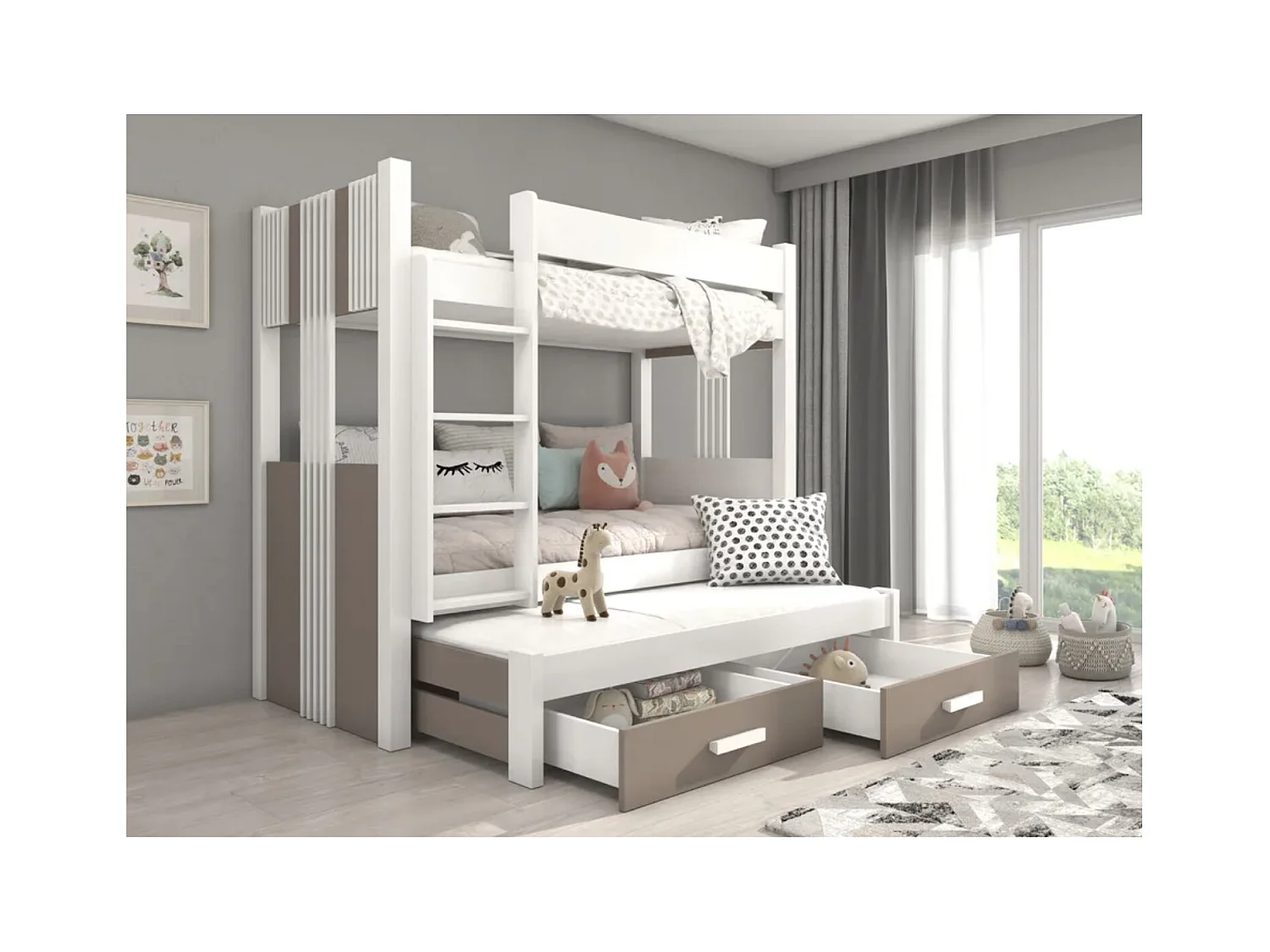 Lit superposé 3 places 90x200 ARKO - 2 tiroirs de rangement et 3 sommiers-Gris anthracite