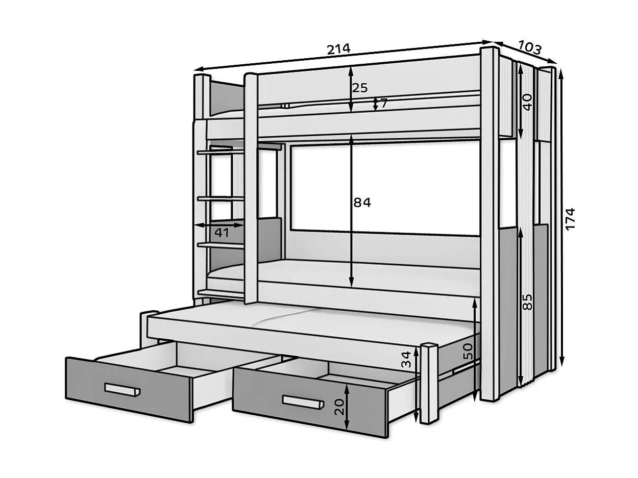 Lit superposé 3 places 90x200 ARKO - 2 tiroirs de rangement et 3 sommiers-Gris anthracite