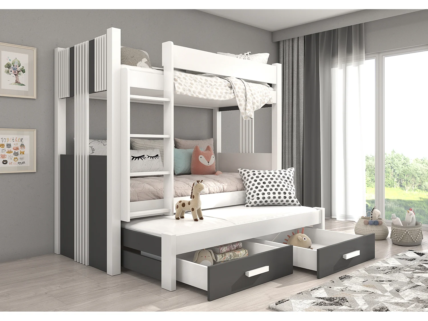 Lit superposé 3 places 90x200 ARKO - 2 tiroirs de rangement et 3 sommiers-Gris anthracite