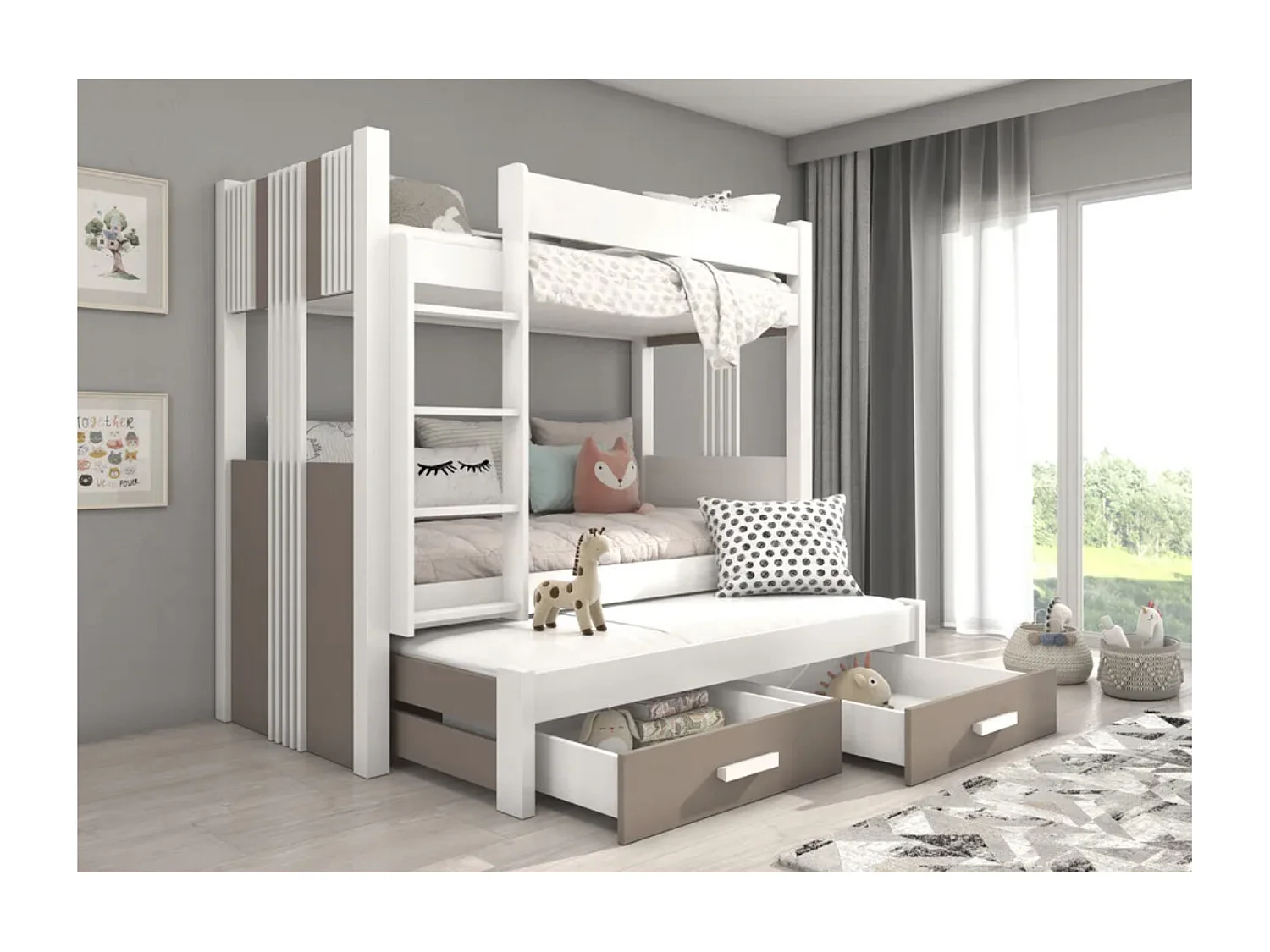 Lit superposé 3 places 90x200 ARKO - 2 tiroirs de rangement et 3 sommiers-Gris anthracite