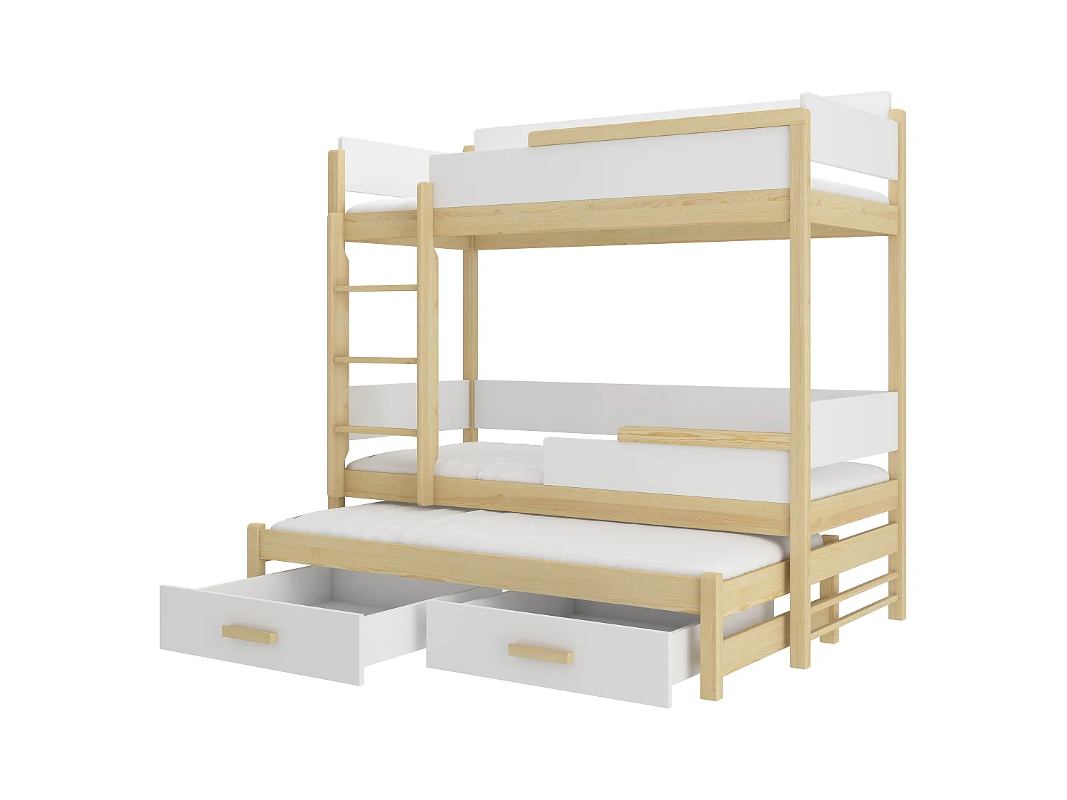 Lit superposé 3 places 90x200 KINZEY - 2 tiroirs de rangement et 3 sommiers-Beige clair