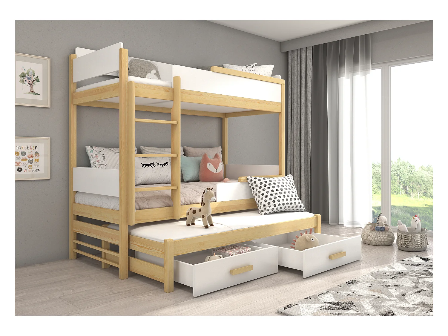 Lit superposé 3 places 90x200 KINZEY - 2 tiroirs de rangement et 3 sommiers-Beige clair