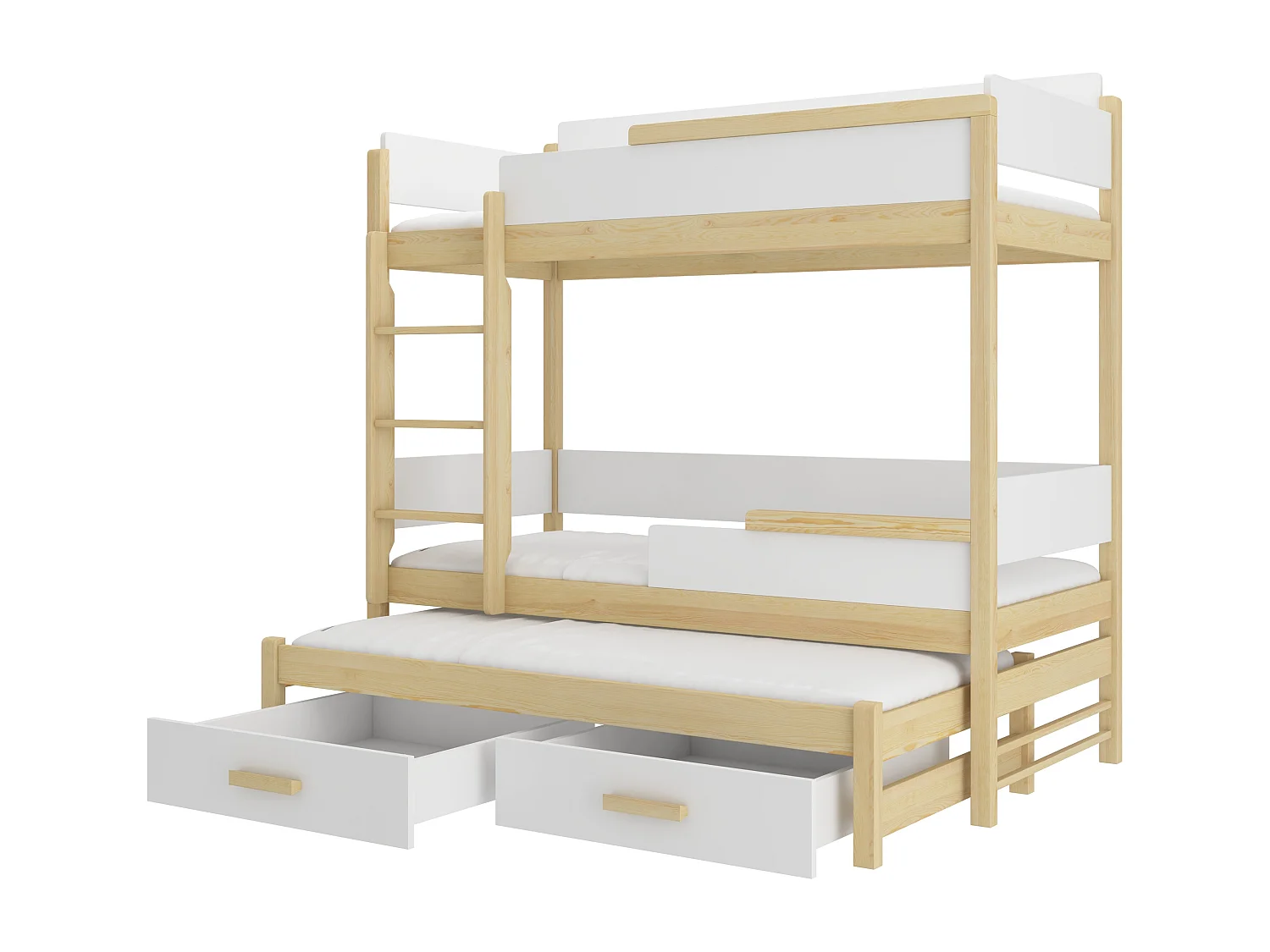 Lit superposé 3 places 90x200 KINZEY - 2 tiroirs de rangement et 3 sommiers-Beige clair