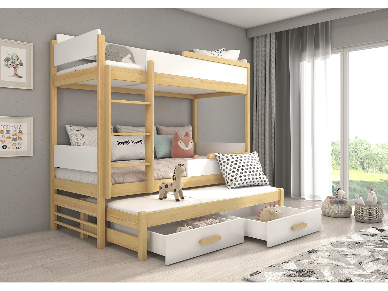 Lit superposé 3 places 90x200 KINZEY - 2 tiroirs de rangement et 3 sommiers-Beige clair