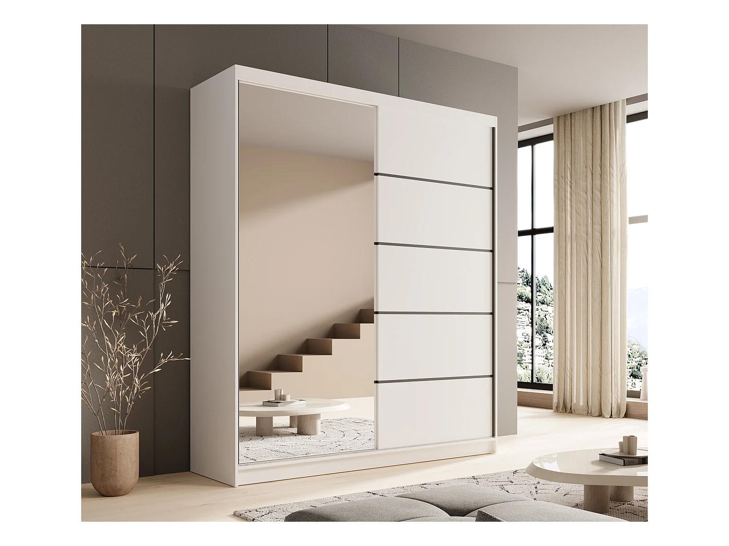 Armoire coulissante 2 portes KAROW 180 avec miroir – Meuble de rangement moderne-Blanc
