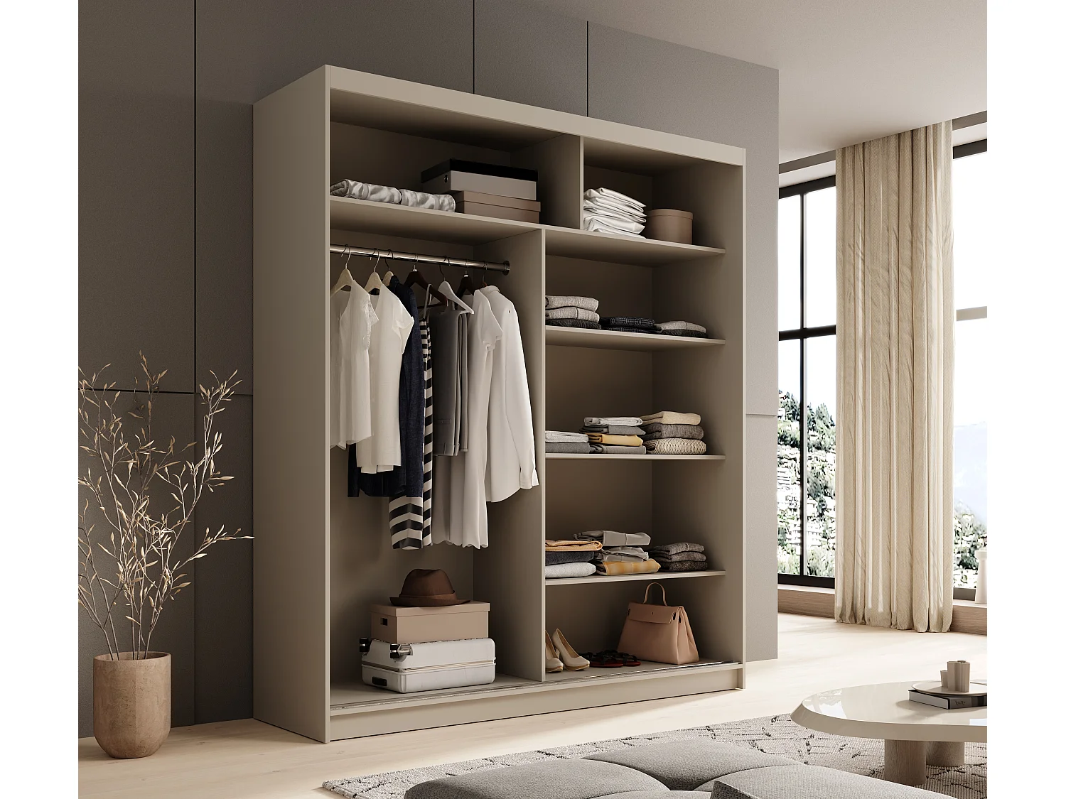 Armoire coulissante 2 portes KAROW 180 avec miroir – Meuble de rangement moderne-Blanc